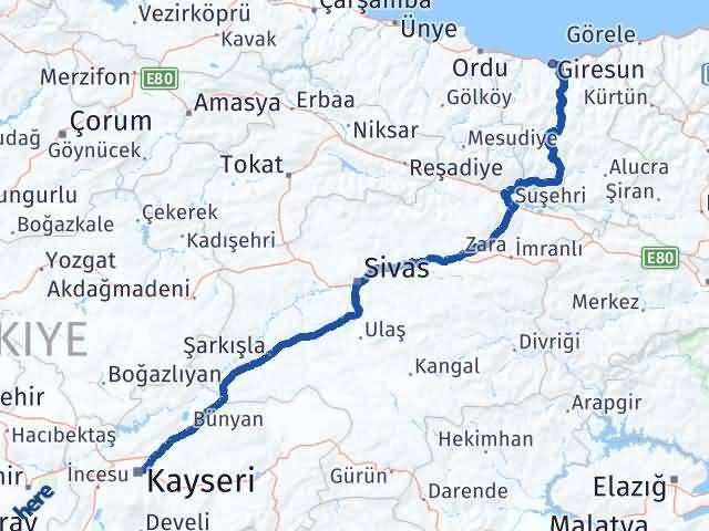 Giresun Melikgazi Kayseri Arası Kaç Km - Yol Haritası
