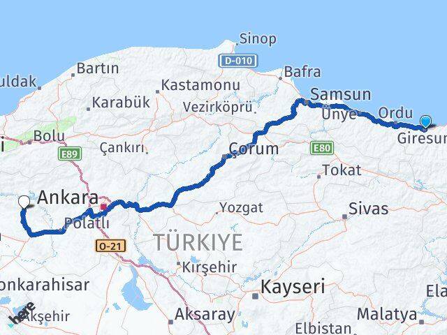 Giresun Mihalıççık Eskişehir Arası Kaç Km - Yol Haritası
