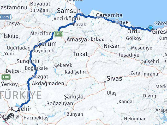 Giresun Mucur Kırşehir Arası Kaç Km - Yol Haritası