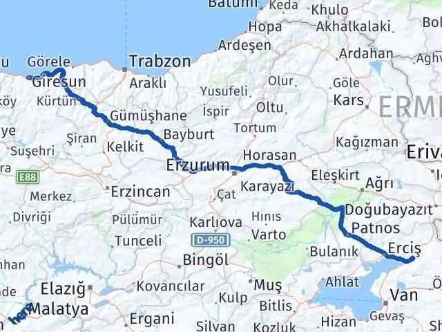 Giresun Muradiye Van Arası Kaç Km - Yol Haritası