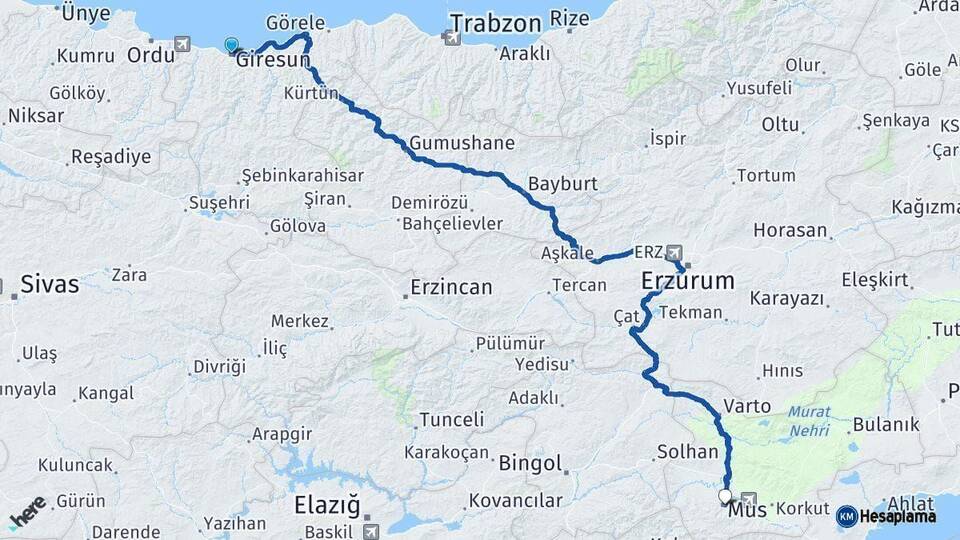 Giresun Muş Arası Kaç Km - Yol Haritası