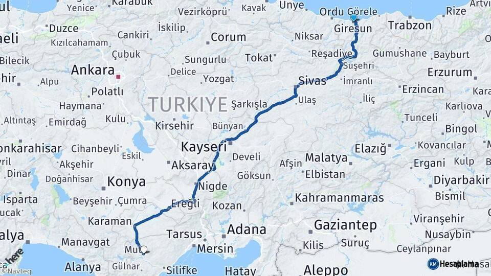 Giresun Mut Mersin Arası Kaç Km - Yol Haritası