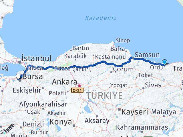 Giresun Nilüfer Bursa Arası Kaç Km - Yol Haritası