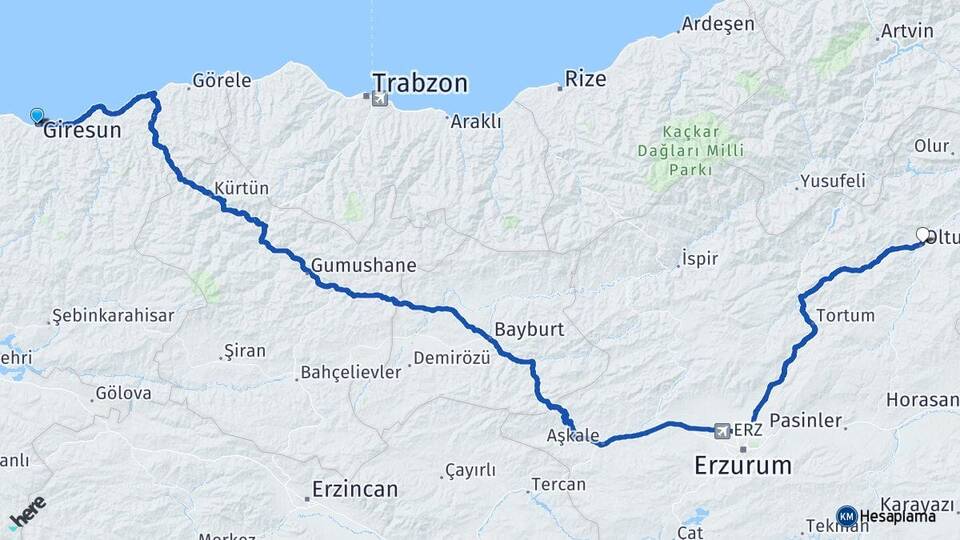 Giresun Oltu Erzurum Arası Kaç Km - Yol Haritası