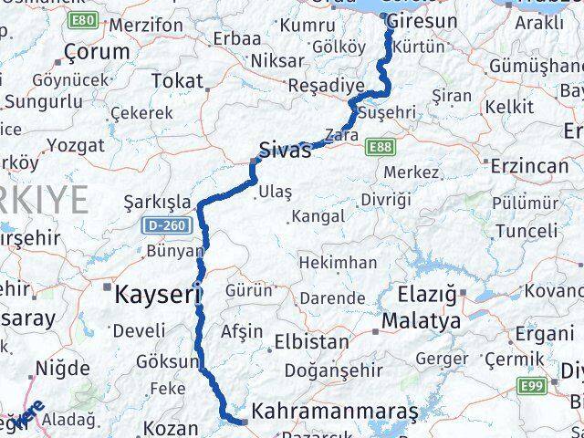 Giresun Onikişubat Kahramanmaraş Arası Kaç Km - Yol Haritası