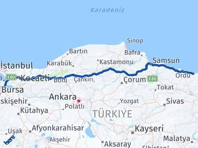 Giresun Orhangazi Bursa Arası Kaç Km - Yol Haritası