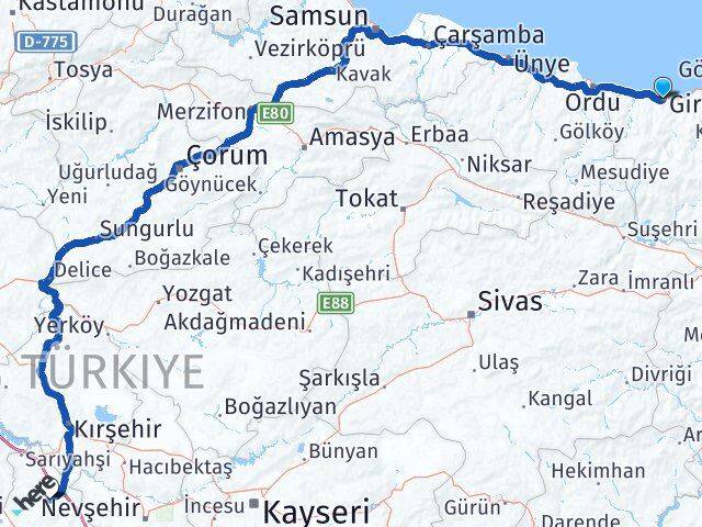 Giresun Ortaköy Aksaray Arası Kaç Km - Yol Haritası