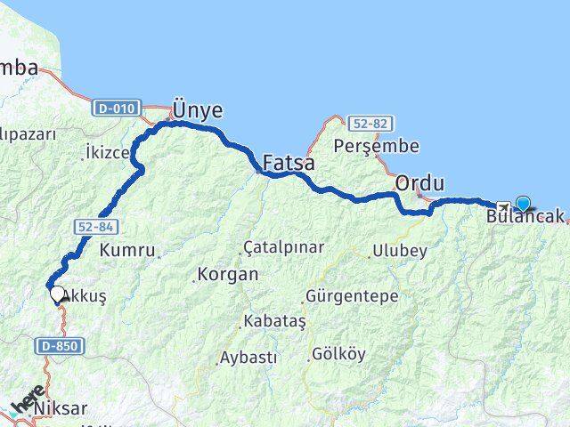 Giresun Piraziz Akkuş Ordu Arası Kaç Km - Yol Haritası