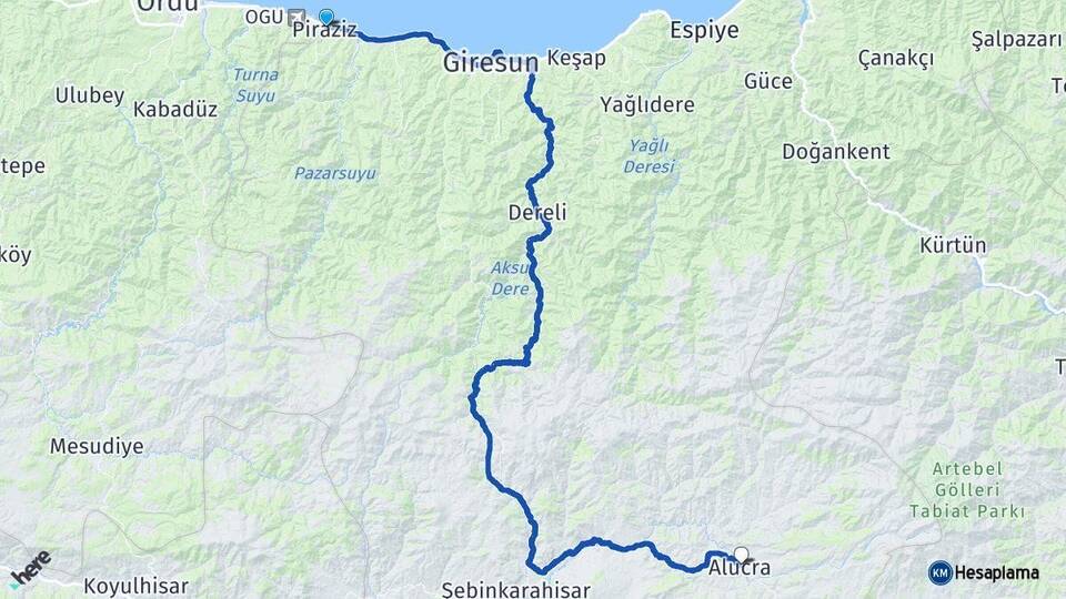 Giresun Piraziz Alucra Arası Kaç Km - Yol Haritası
