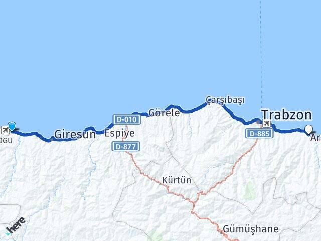 Giresun Piraziz Araklı Trabzon Arası Kaç Km - Yol Haritası