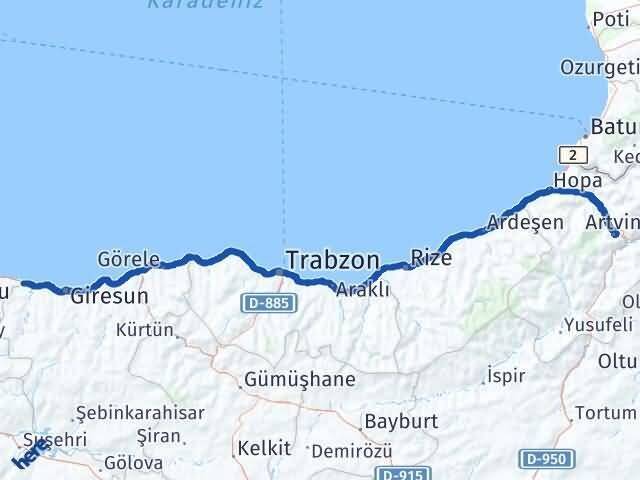 Giresun Piraziz Artvin Arası Kaç Km - Yol Haritası