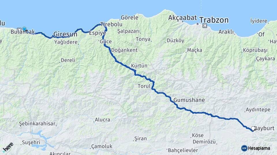Giresun Piraziz Bayburt Arası Kaç Km - Yol Haritası