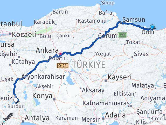 Giresun Piraziz Burdur Arası Kaç Km - Yol Haritası