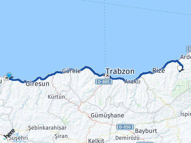 Giresun Piraziz Çamlıhemşin Rize Arası Kaç Km - Yol Haritası