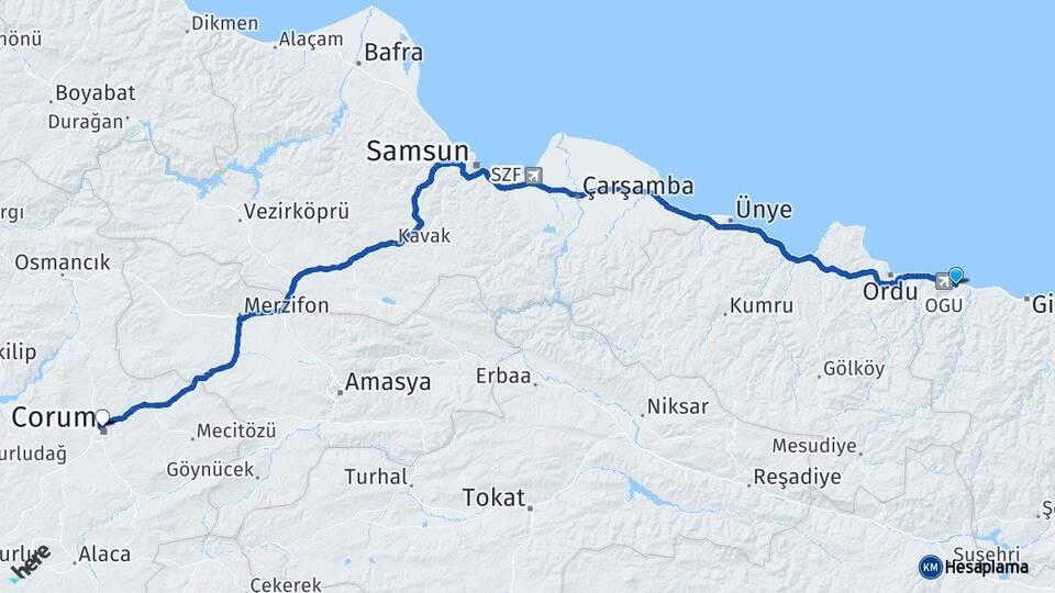 Giresun Piraziz Çorum Arası Kaç Km - Yol Haritası
