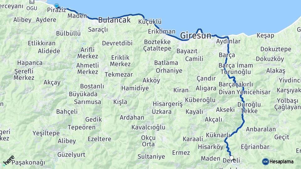 Giresun Piraziz Dereli Arası Kaç Km - Yol Haritası