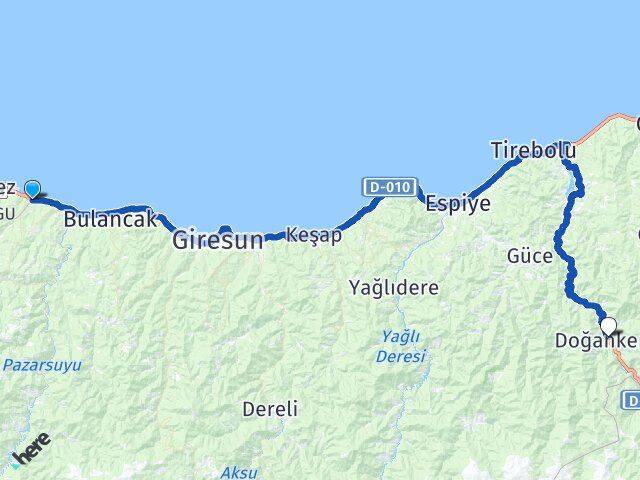Giresun Piraziz Doğankent Arası Kaç Km - Yol Haritası
