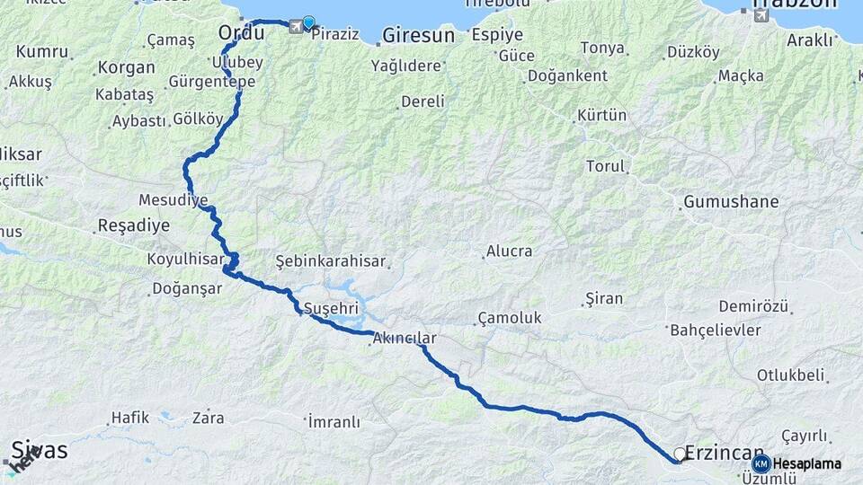 Giresun Piraziz Erzincan Arası Kaç Km - Yol Haritası