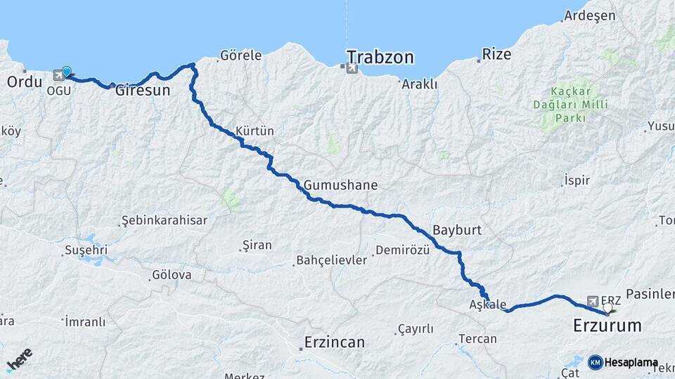 Giresun Piraziz Erzurum Arası Kaç Km - Yol Haritası