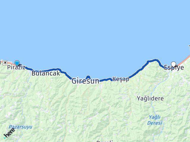 Giresun Piraziz Espiye Arası Kaç Km - Yol Haritası