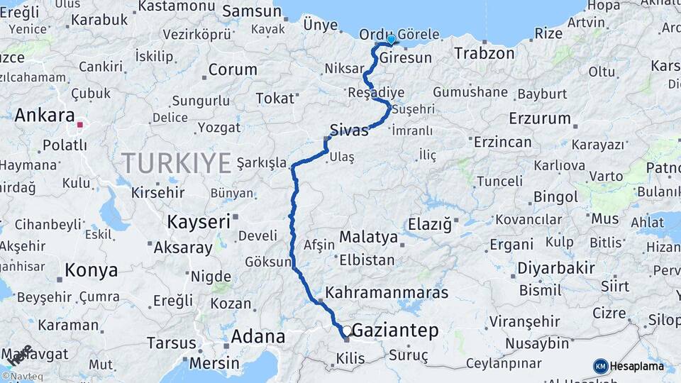 Giresun Piraziz Gaziantep Arası Kaç Km - Yol Haritası