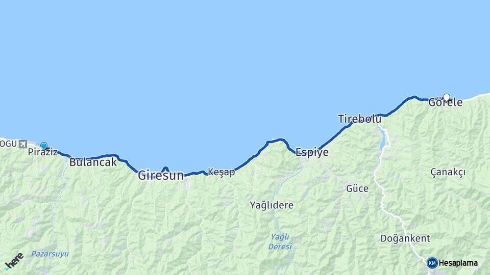 Giresun Piraziz Görele Arası Kaç Km - Yol Haritası