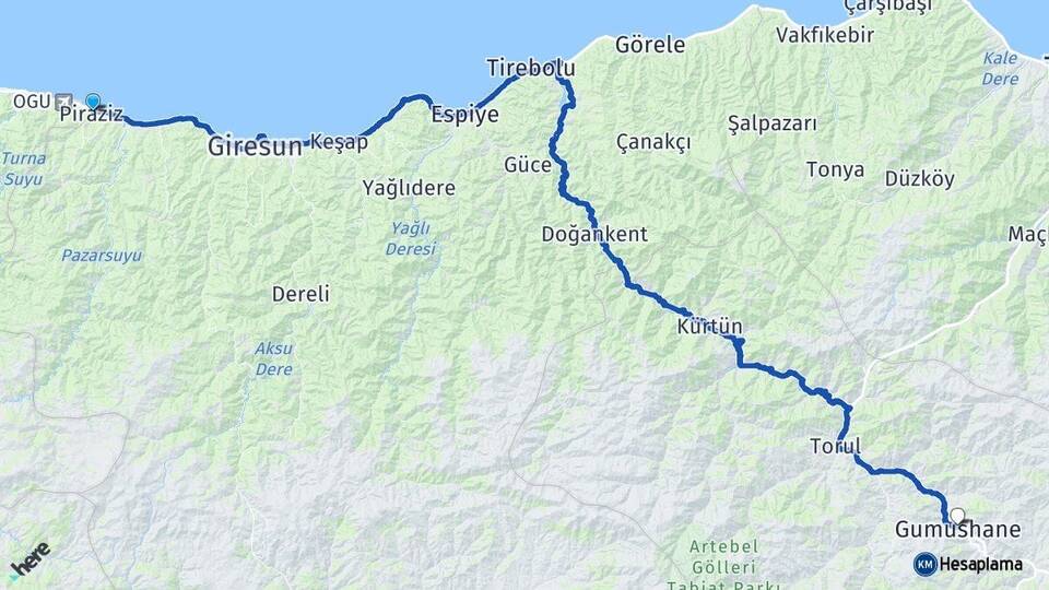 Giresun Piraziz Gümüşhane Arası Kaç Km - Yol Haritası