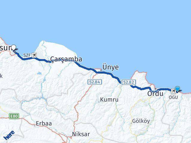 Giresun Piraziz İlkadım Samsun Arası Kaç Km - Yol Haritası