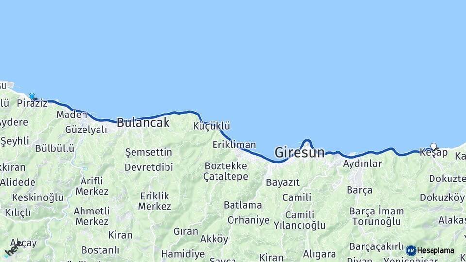 Giresun Piraziz Keşap Arası Kaç Km - Yol Haritası