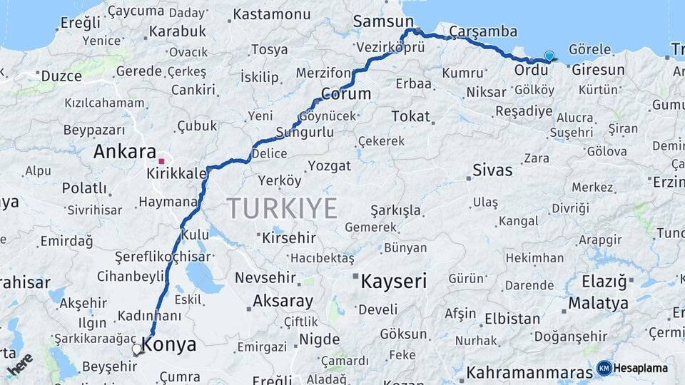 Giresun Piraziz Konya Arası Kaç Km - Yol Haritası