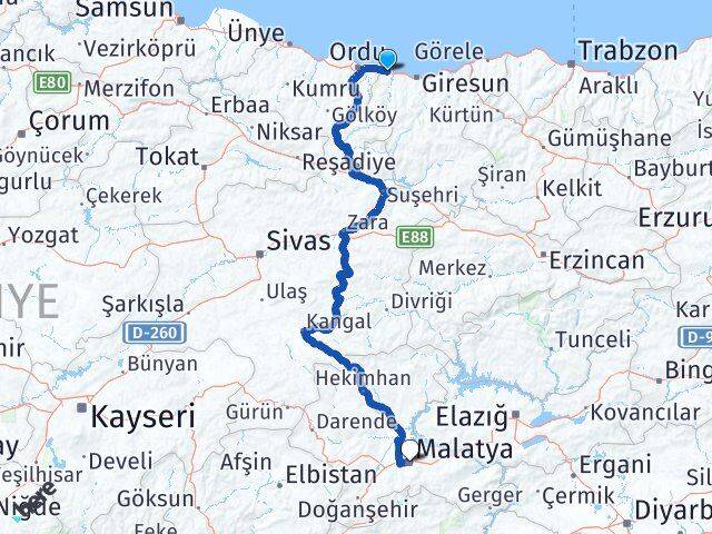 Giresun Piraziz Malatya Arası Kaç Km - Yol Haritası