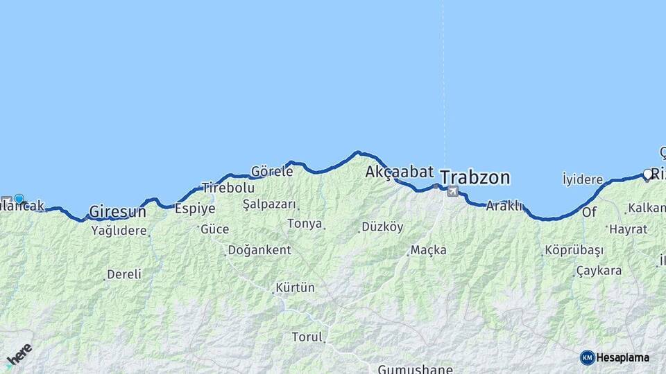 Giresun Piraziz Rize Arası Kaç Km - Yol Haritası