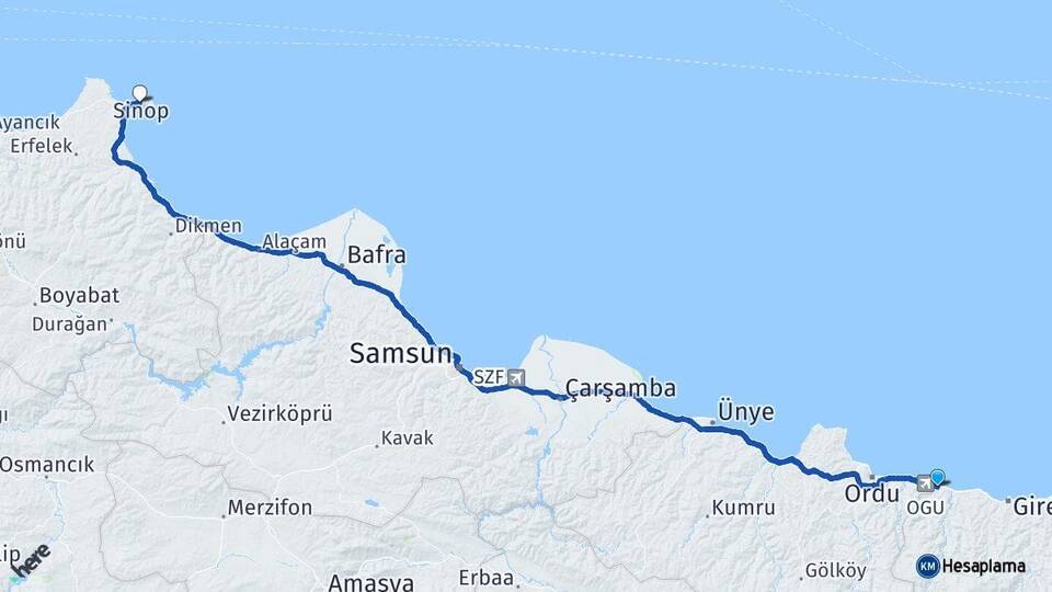 Giresun Piraziz Sinop Arası Kaç Km - Yol Haritası