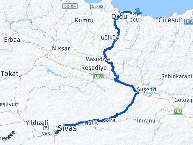 Giresun Piraziz Sivas Arası Kaç Km - Yol Haritası