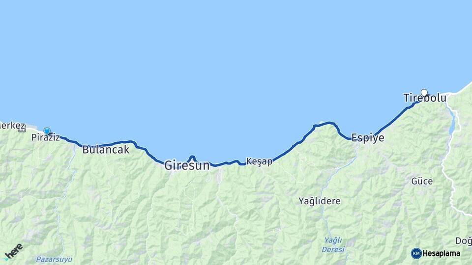 Giresun Piraziz Tirebolu Arası Kaç Km - Yol Haritası