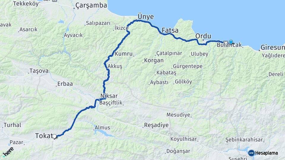 Giresun Piraziz Tokat Arası Kaç Km - Yol Haritası