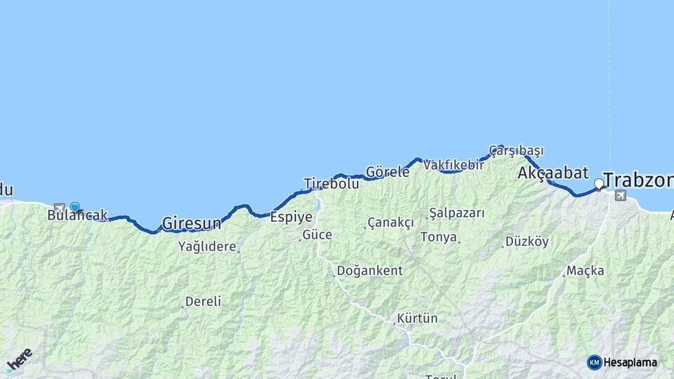 Giresun Piraziz Trabzon Arası Kaç Km - Yol Haritası