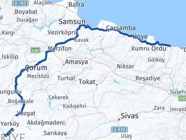 Giresun Piraziz Yozgat Arası Kaç Km - Yol Haritası