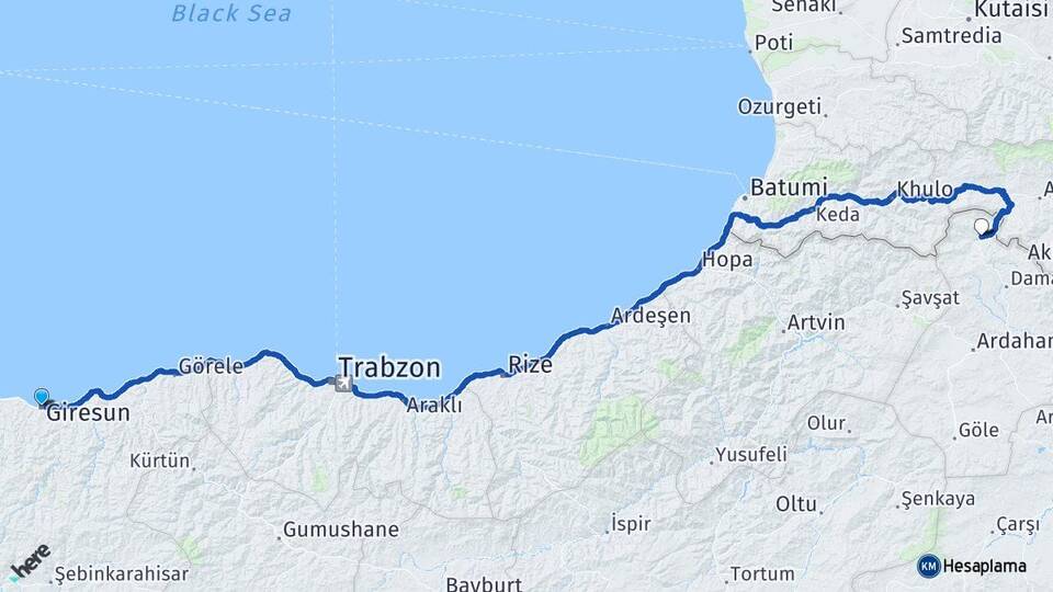 Giresun Posof Ardahan Arası Kaç Km - Yol Haritası