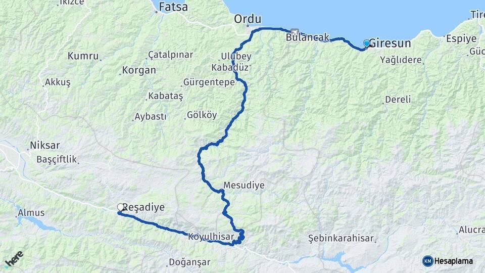 Giresun Reşadiye Tokat Arası Kaç Km - Yol Haritası
