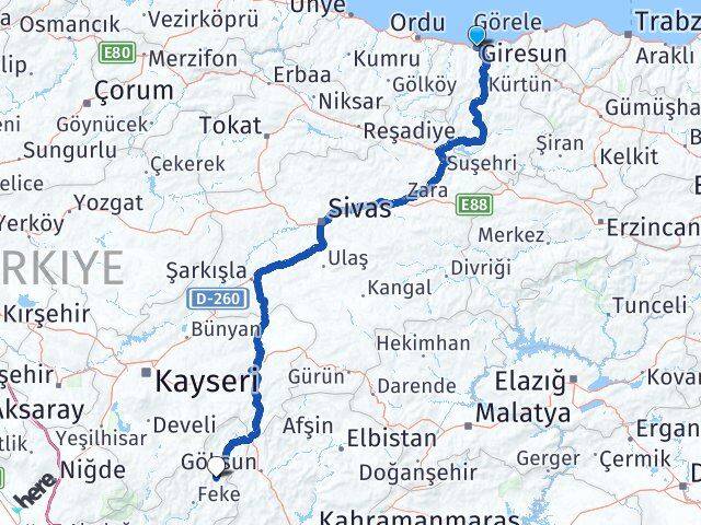 Giresun Saimbeyli Adana Arası Kaç Km - Yol Haritası