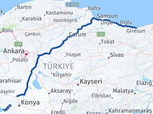 Giresun Sarayönü Konya Arası Kaç Km - Yol Haritası