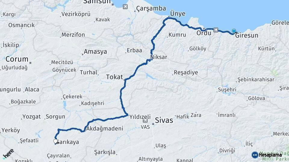 Giresun Sarıkaya Yozgat Arası Kaç Km - Yol Haritası