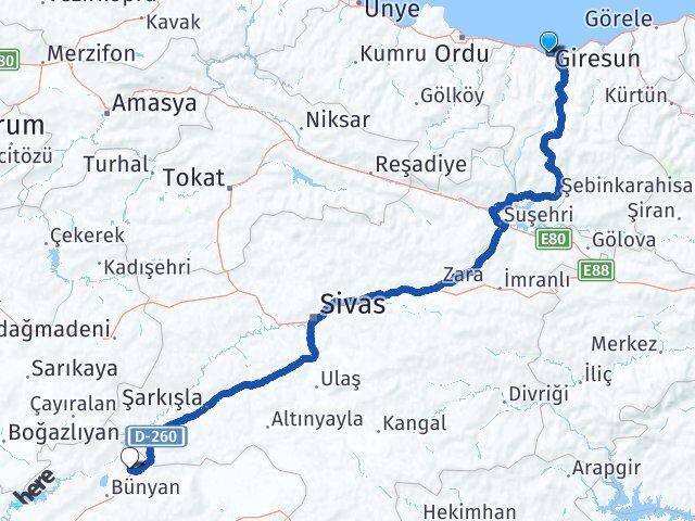 Giresun Sarıoğlan Kayseri Arası Kaç Km - Yol Haritası
