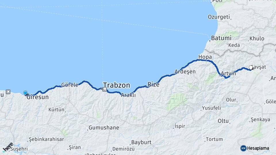 Giresun Şavşat Artvin Arası Kaç Km - Yol Haritası