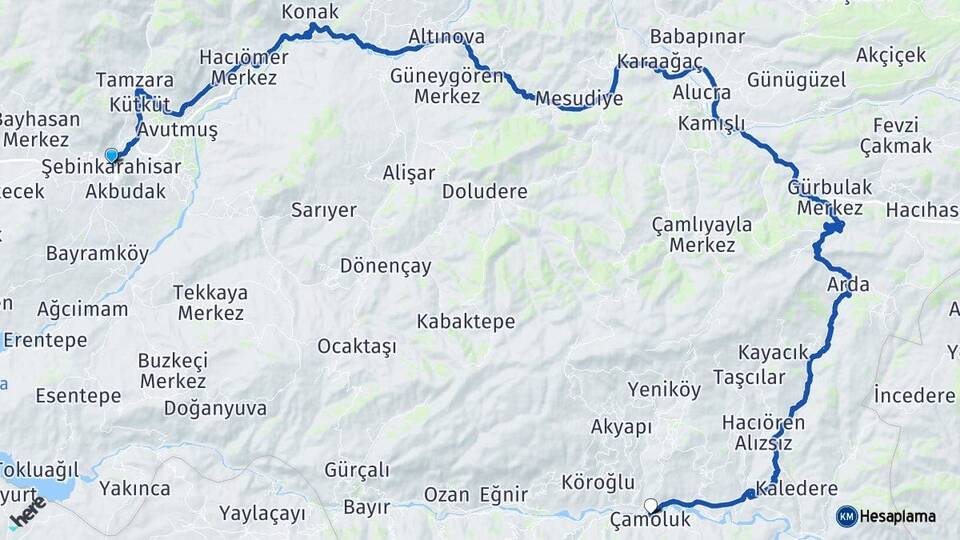 Giresun Şebinkarahisar Çamoluk Arası Kaç Km - Yol Haritası