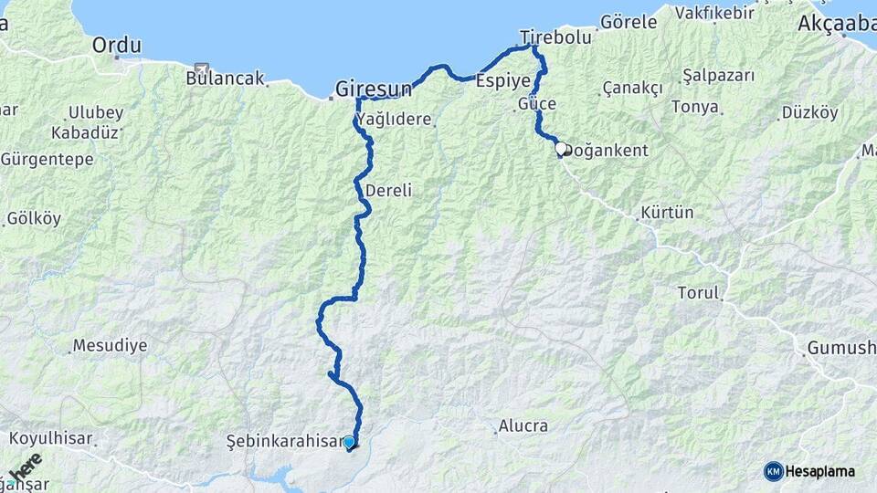 Giresun Şebinkarahisar Doğankent Arası Kaç Km - Yol Haritası