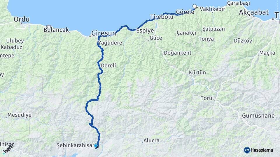 Giresun Şebinkarahisar Eynesil Arası Kaç Km - Yol Haritası