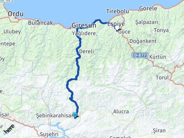 Giresun Şebinkarahisar Güce Arası Kaç Km - Yol Haritası