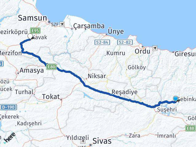 Giresun Şebinkarahisar Kavak Samsun Arası Kaç Km - Yol Haritası
